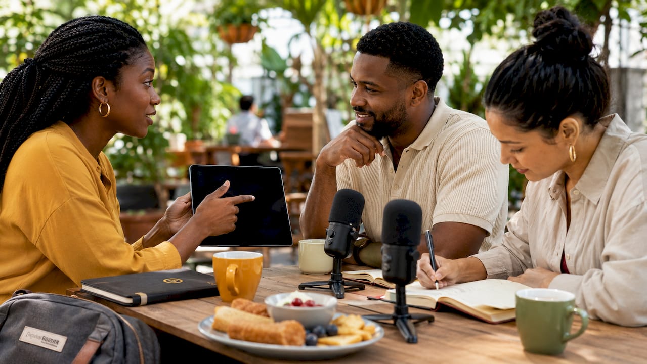 Group collaborating on podcast audience growth strategy