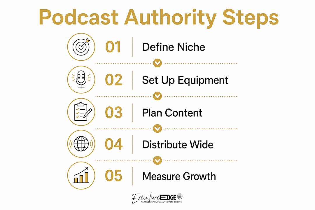 Infographic showing podcast authority strategy steps