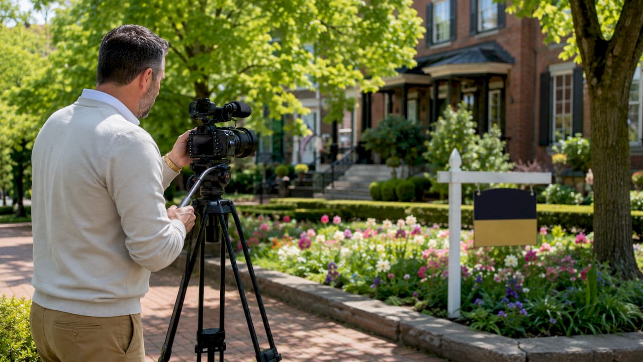 Agent filming neighborhood video outdoors