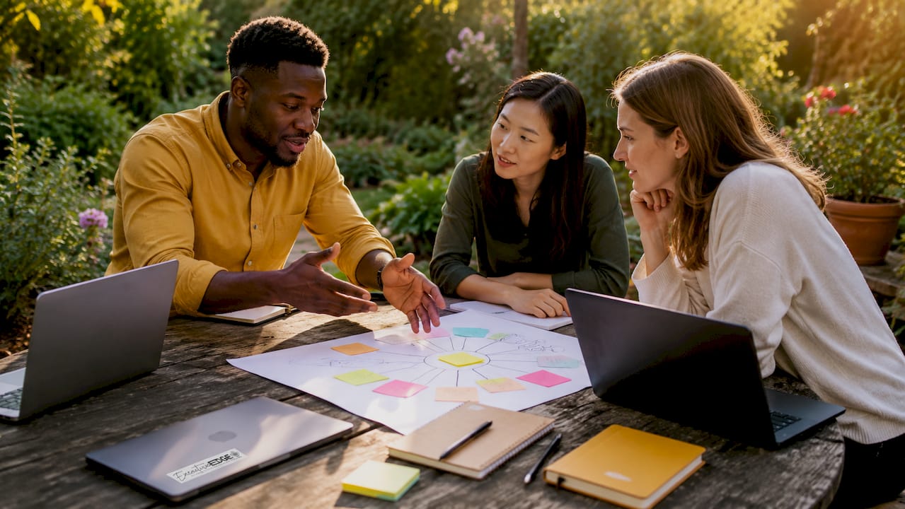 Diverse team collaborating on content strategy