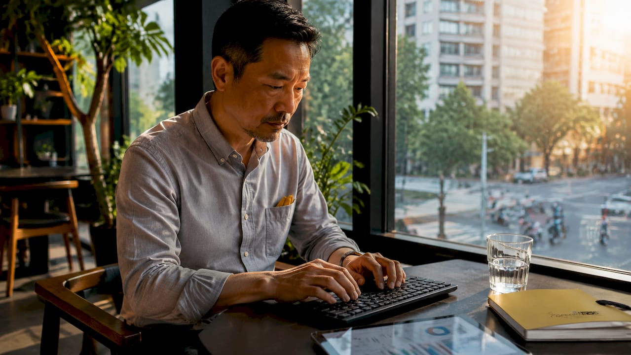 Hands typing near data charts in office