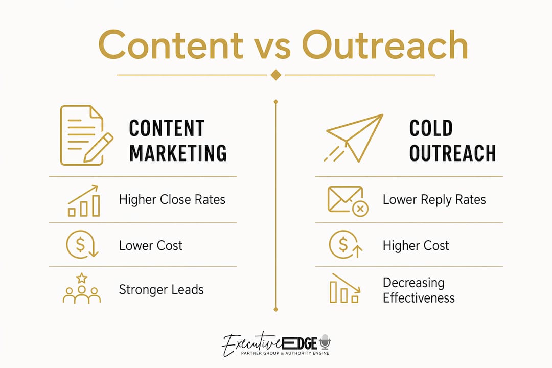 Infographic comparing content marketing and cold outreach metrics
