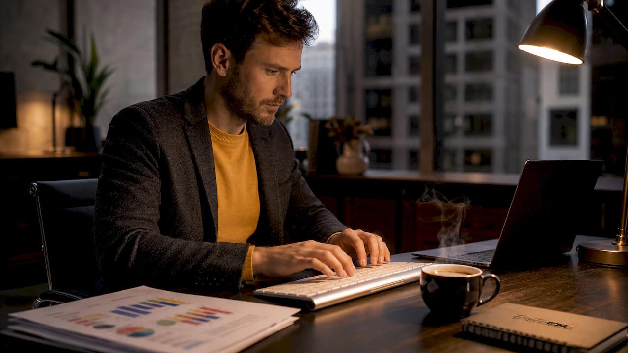 Hands typing in bright office workspace