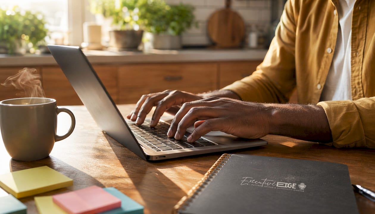 Hands typing on laptop for AI draft output