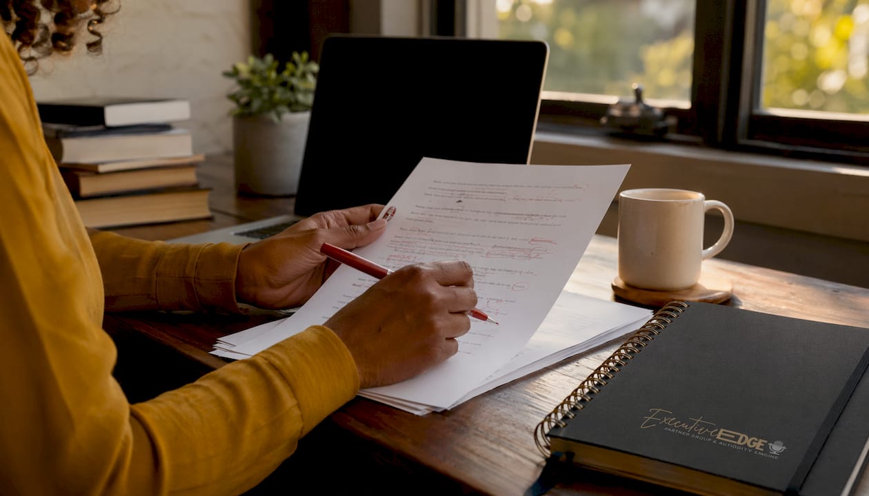 Hands editing transcript with red pen at café table