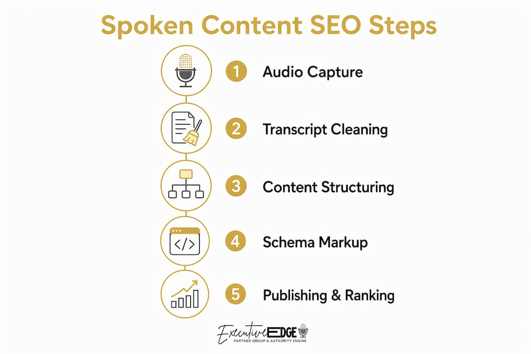 Infographic displaying steps to convert spoken content into SEO-friendly format