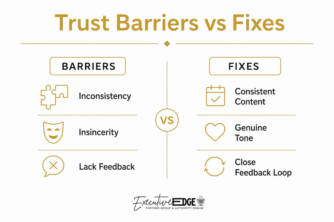 Infographic showing trust barriers and practical fixes