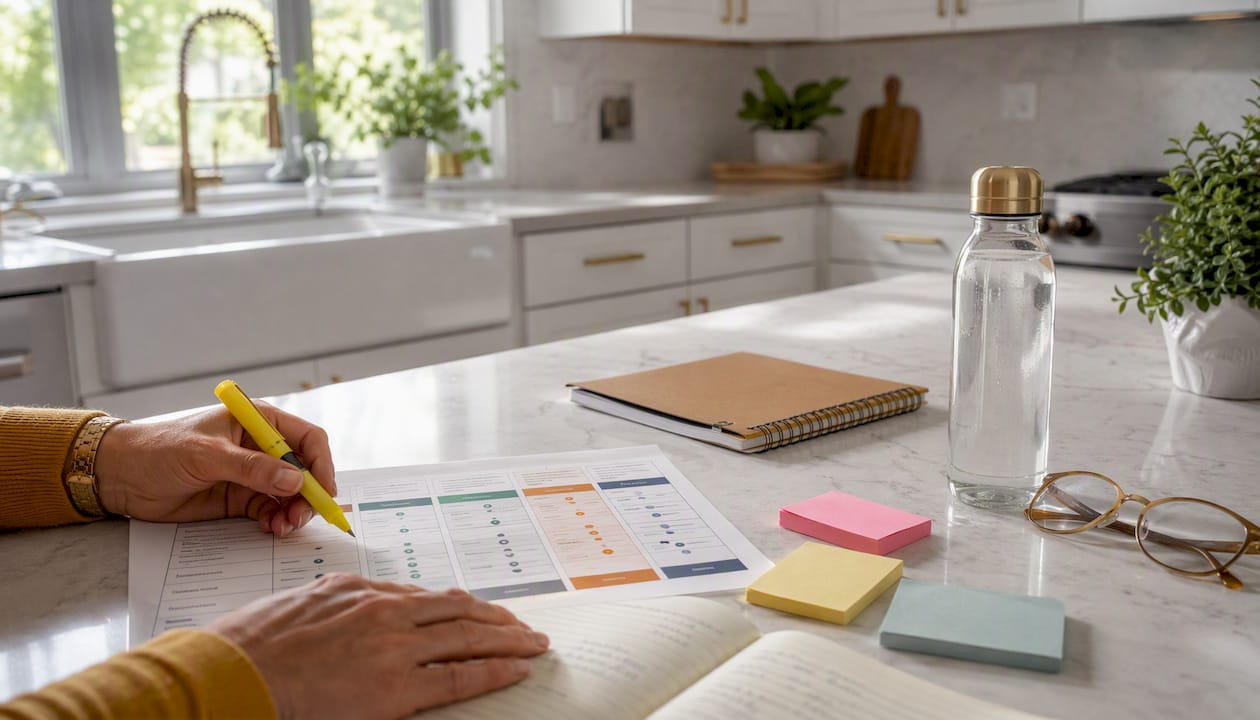 Overhead hands reviewing authority vendor comparison table