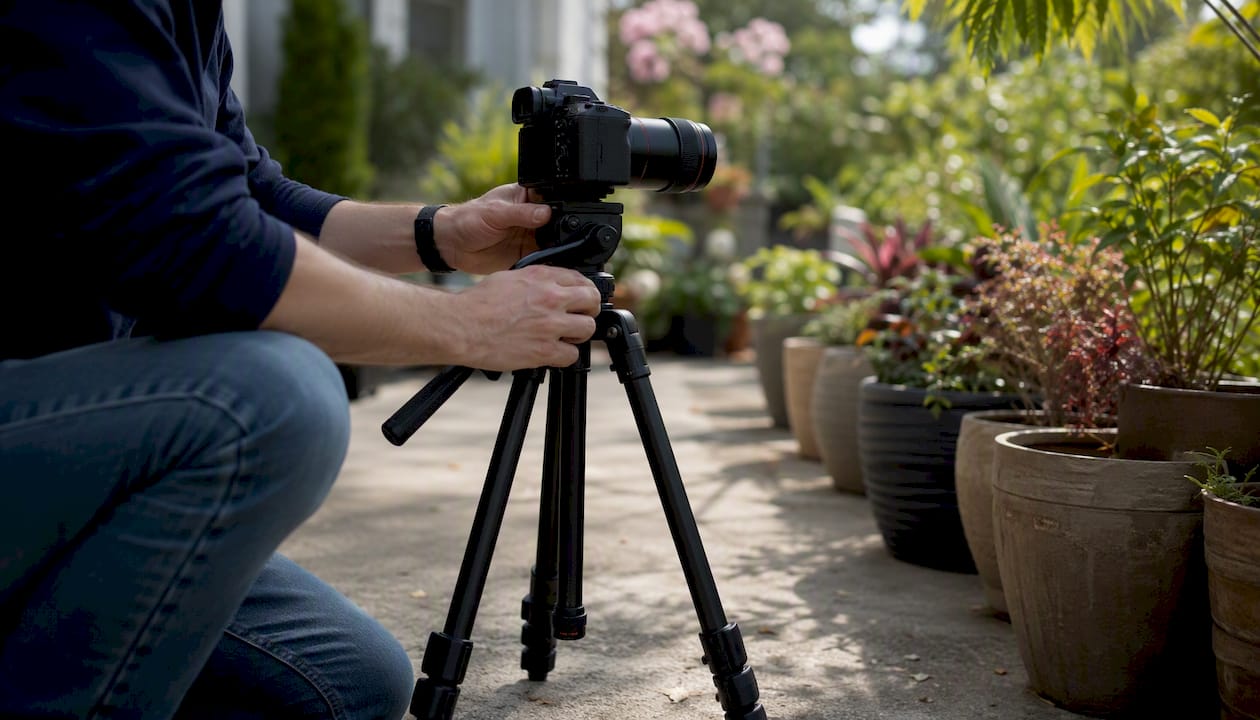 Hands adjusting camera for home services video