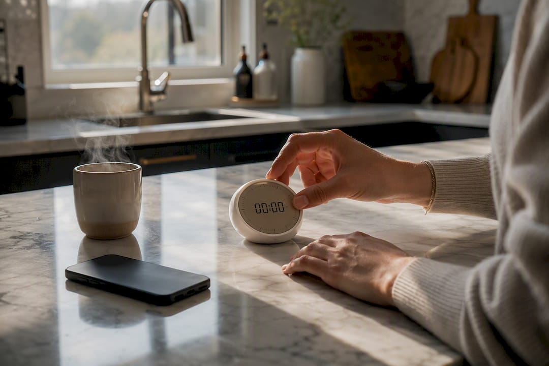 Hands setting digital timer on desktop