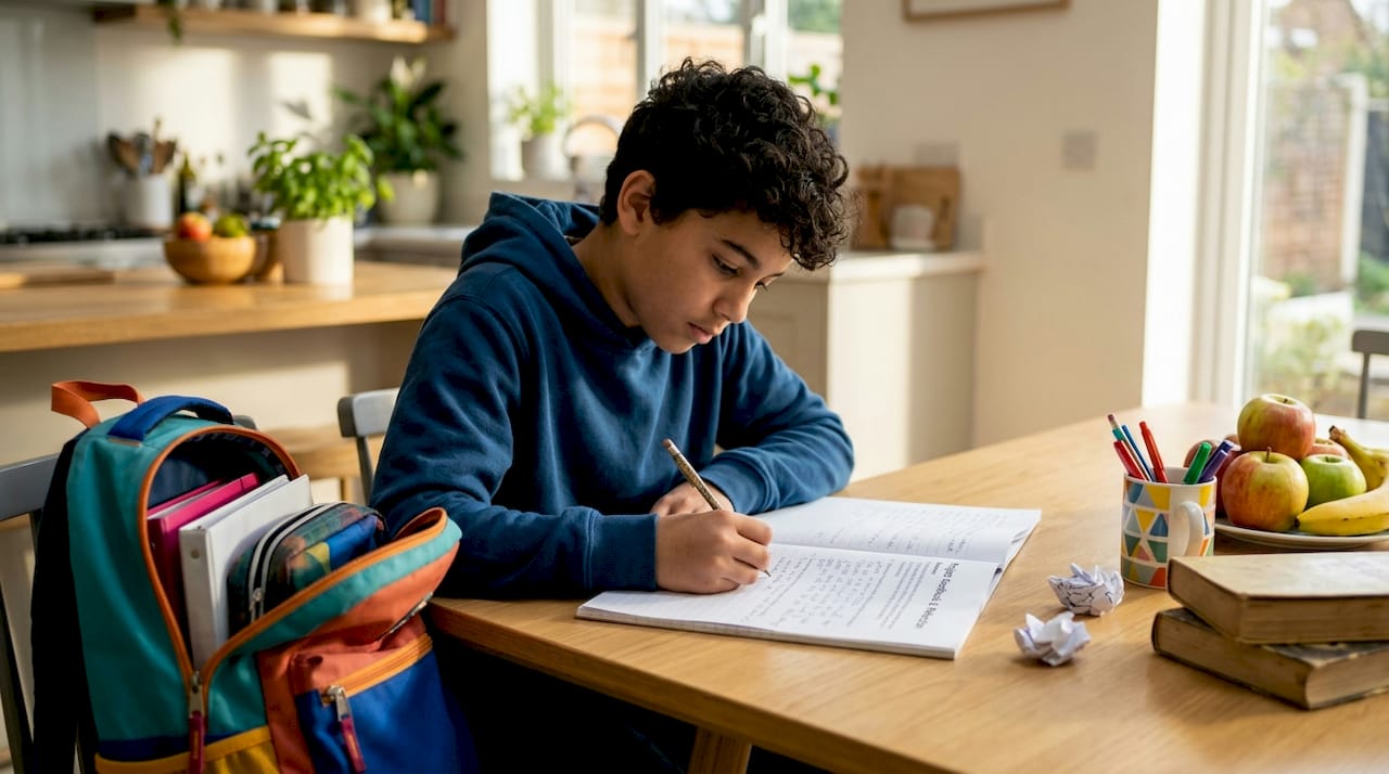 Student reading feedback sheet at kitchen counter