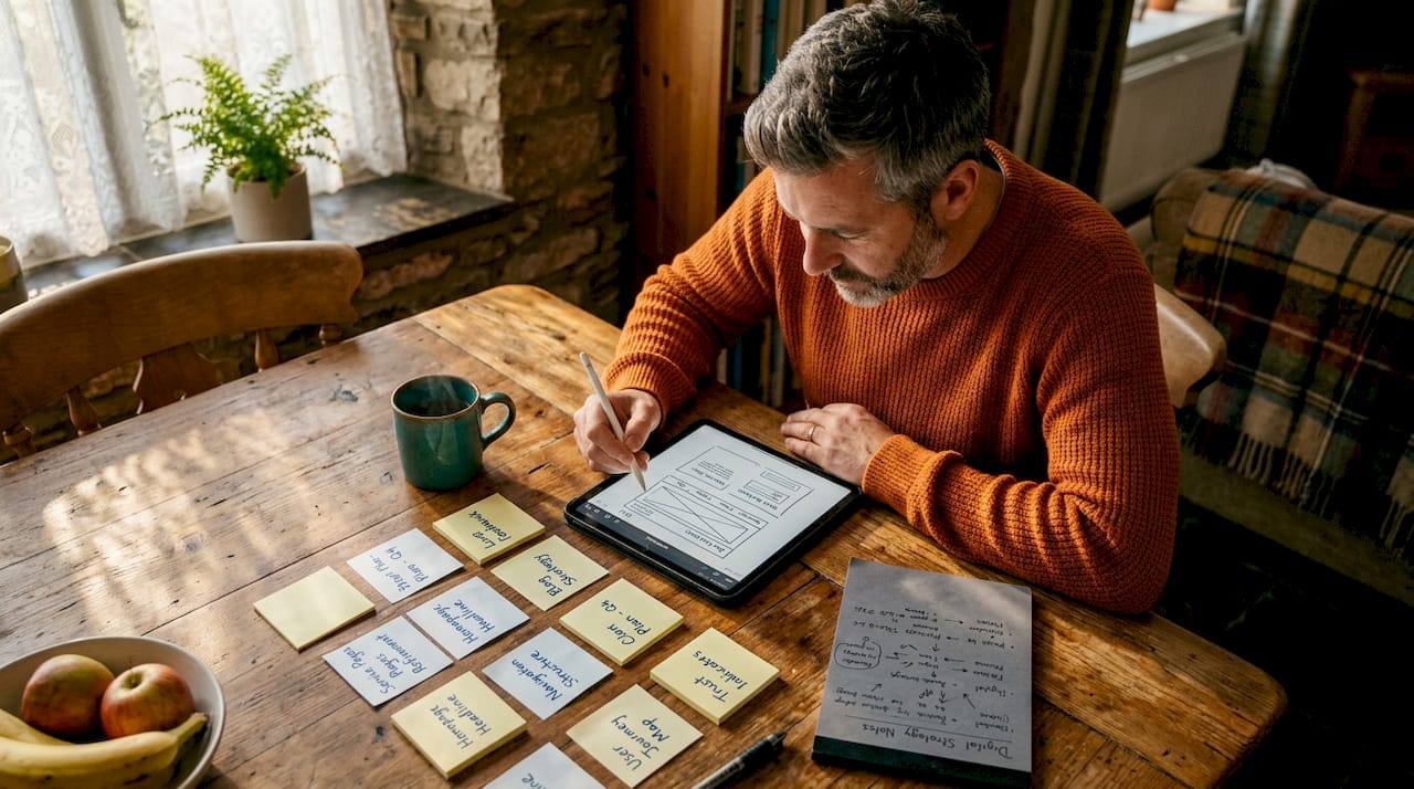 Man revising homepage outline at kitchen table workspace