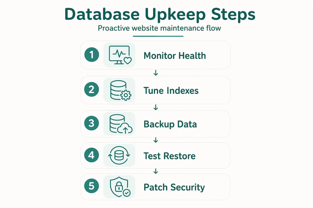 Infographic showing five steps of database maintenance