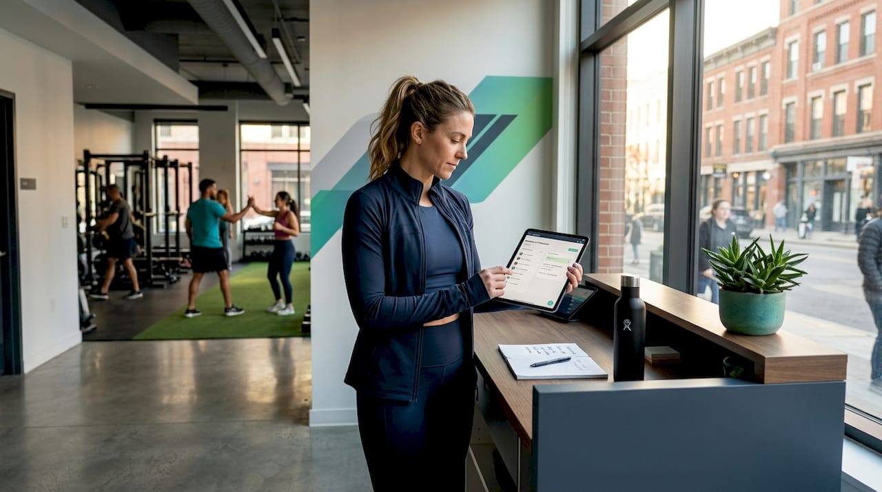 Fitness studio owner manages CRM on tablet