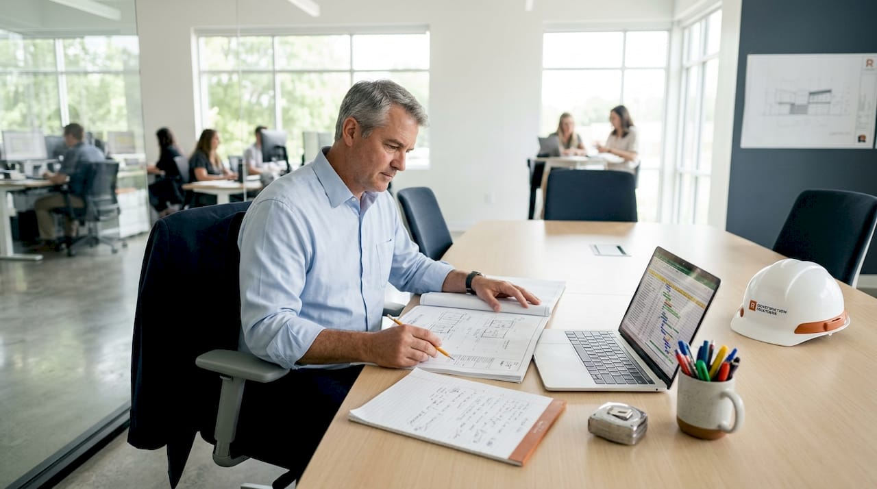 Project manager reviewing plans in office