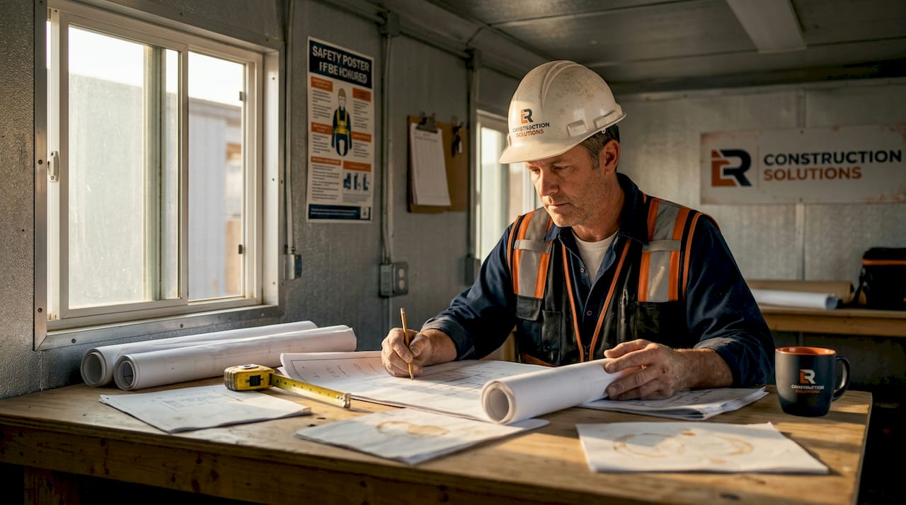 Contractor reviewing blueprints at drafting table