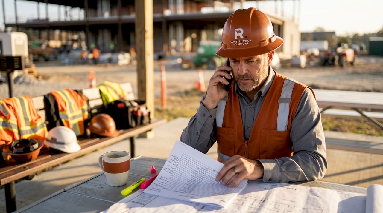 Construction manager coordinating emergency sourcing in site office