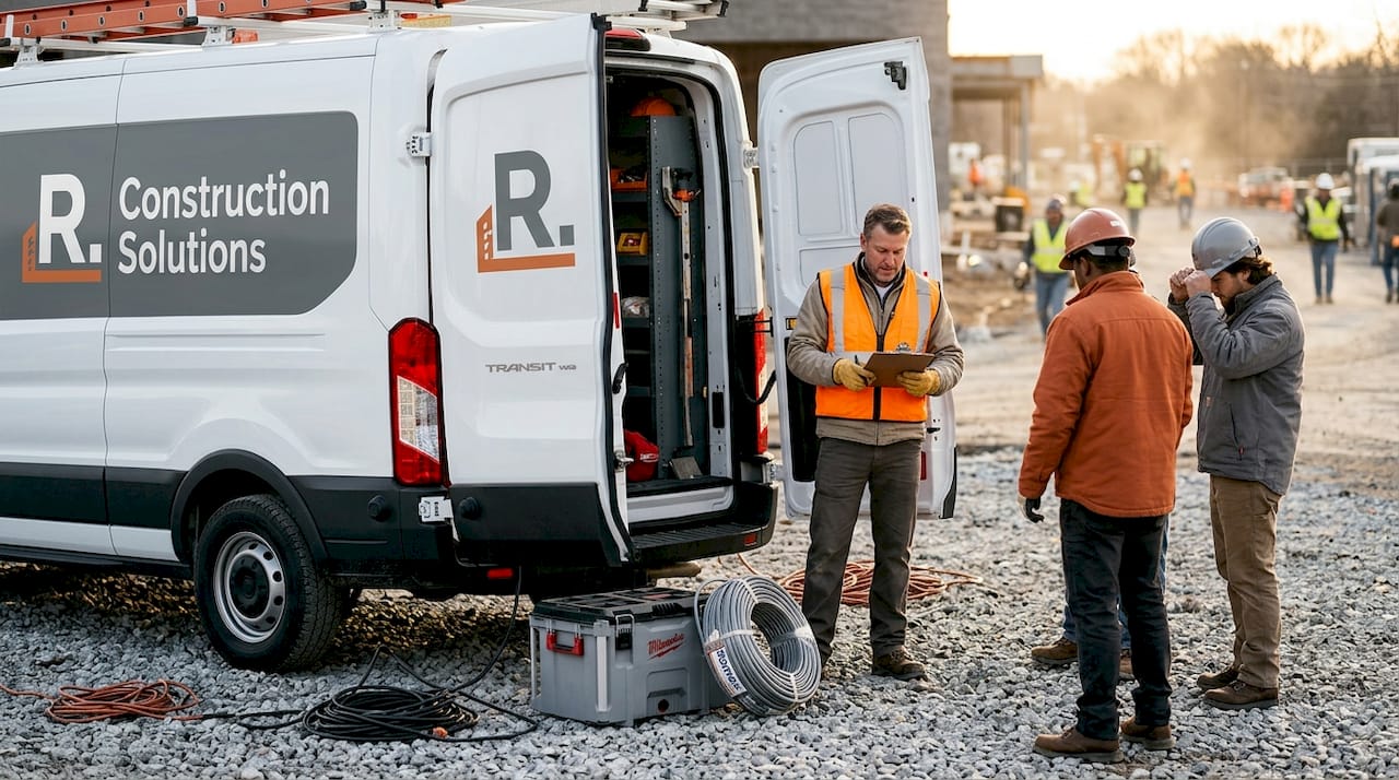 Electrical subcontractor crew quickly mobilizing tools