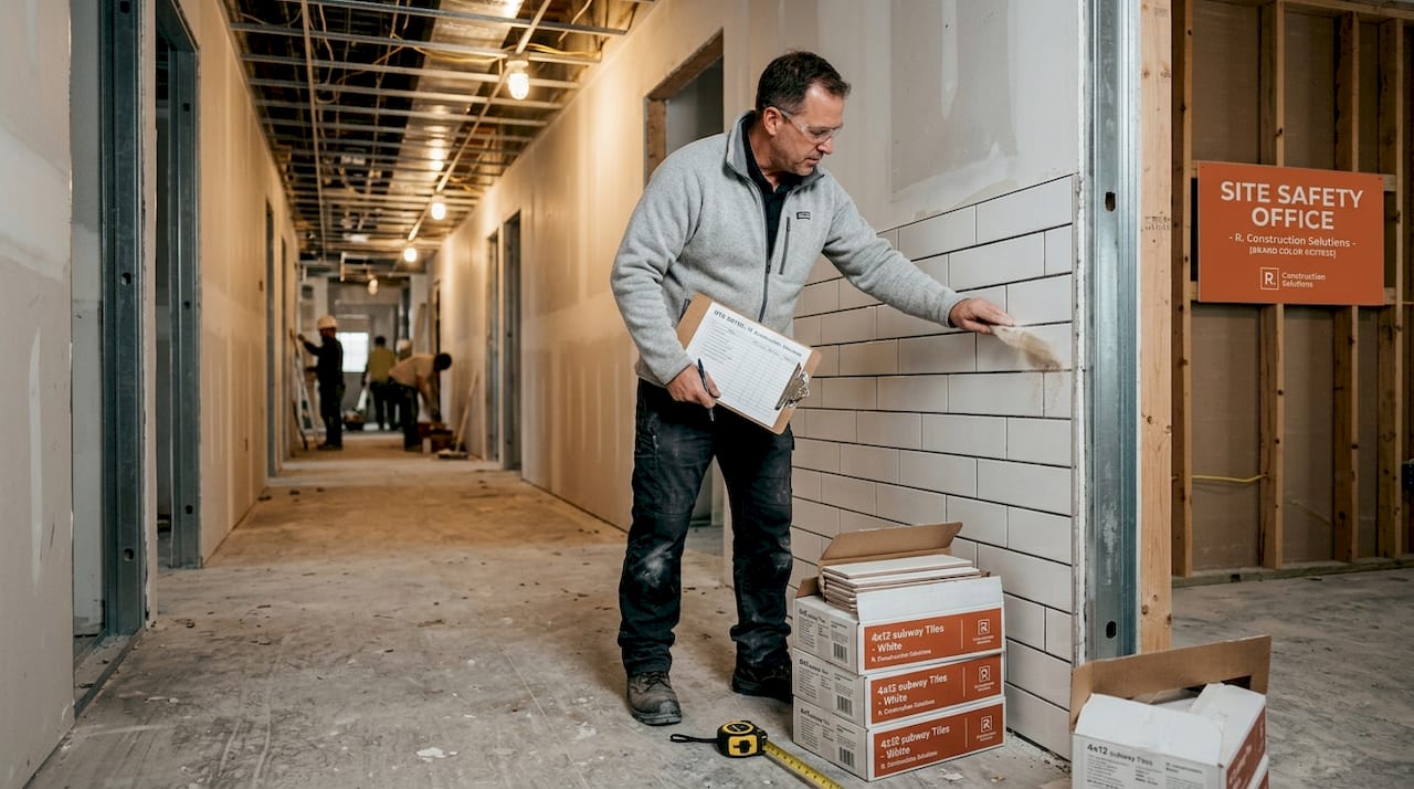 Foreman inspecting detailed tile installation on site Foreman inspecting detailed tile installation on site