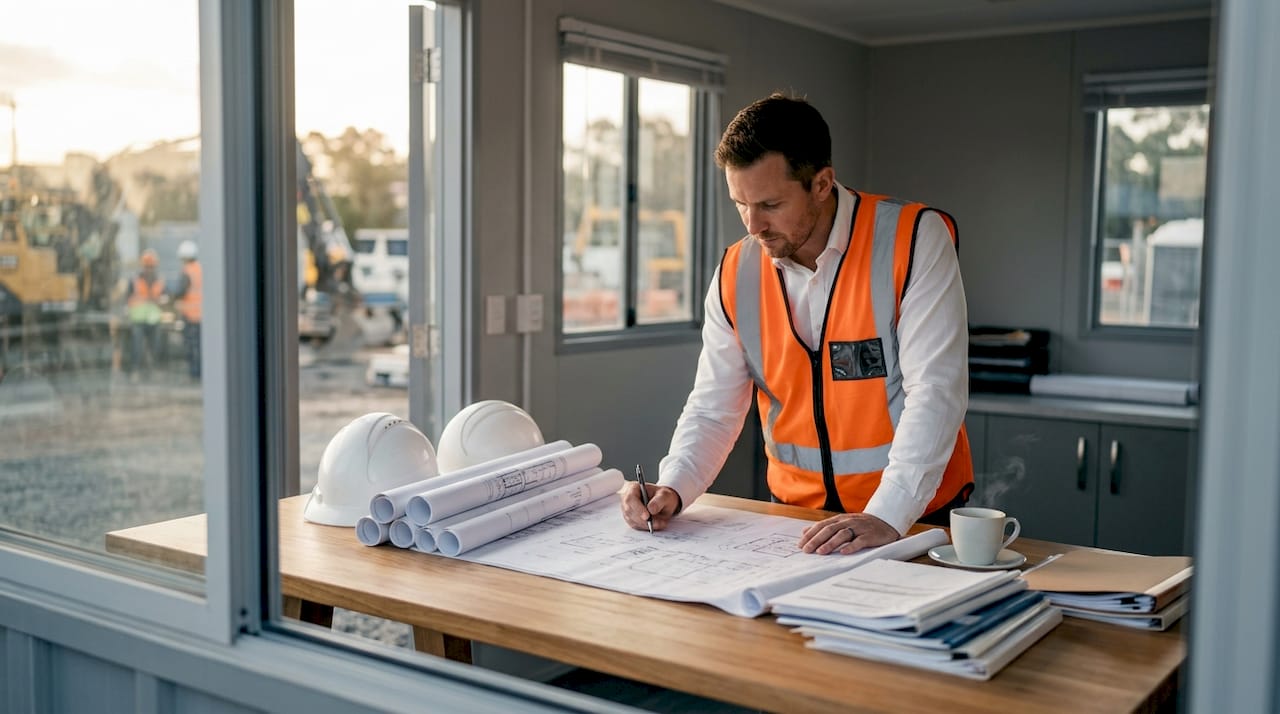 Contractor reviewing scope documents inside job-site trailer