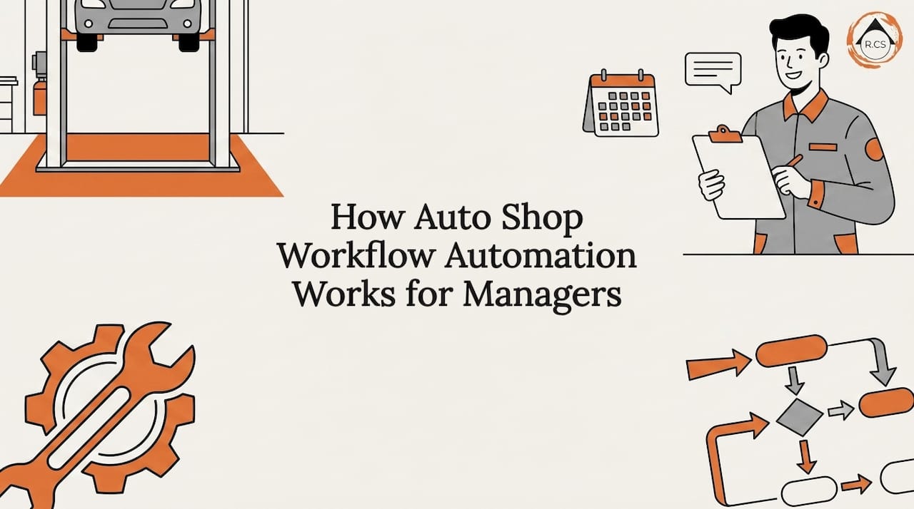 Decorative title card with auto shop workflow icons framing center