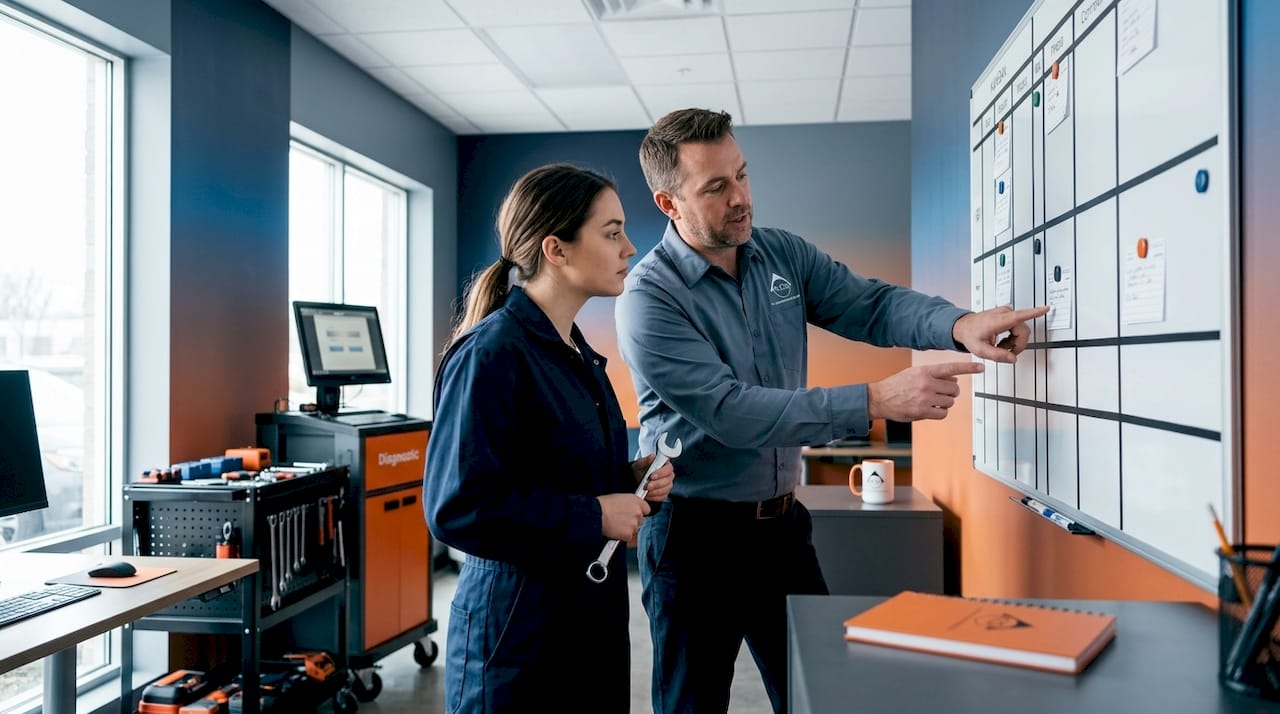 Manager and technician using kanban board in auto shop