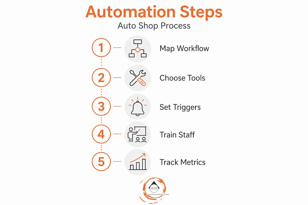 Infographic showing five workflow automation steps for auto shops