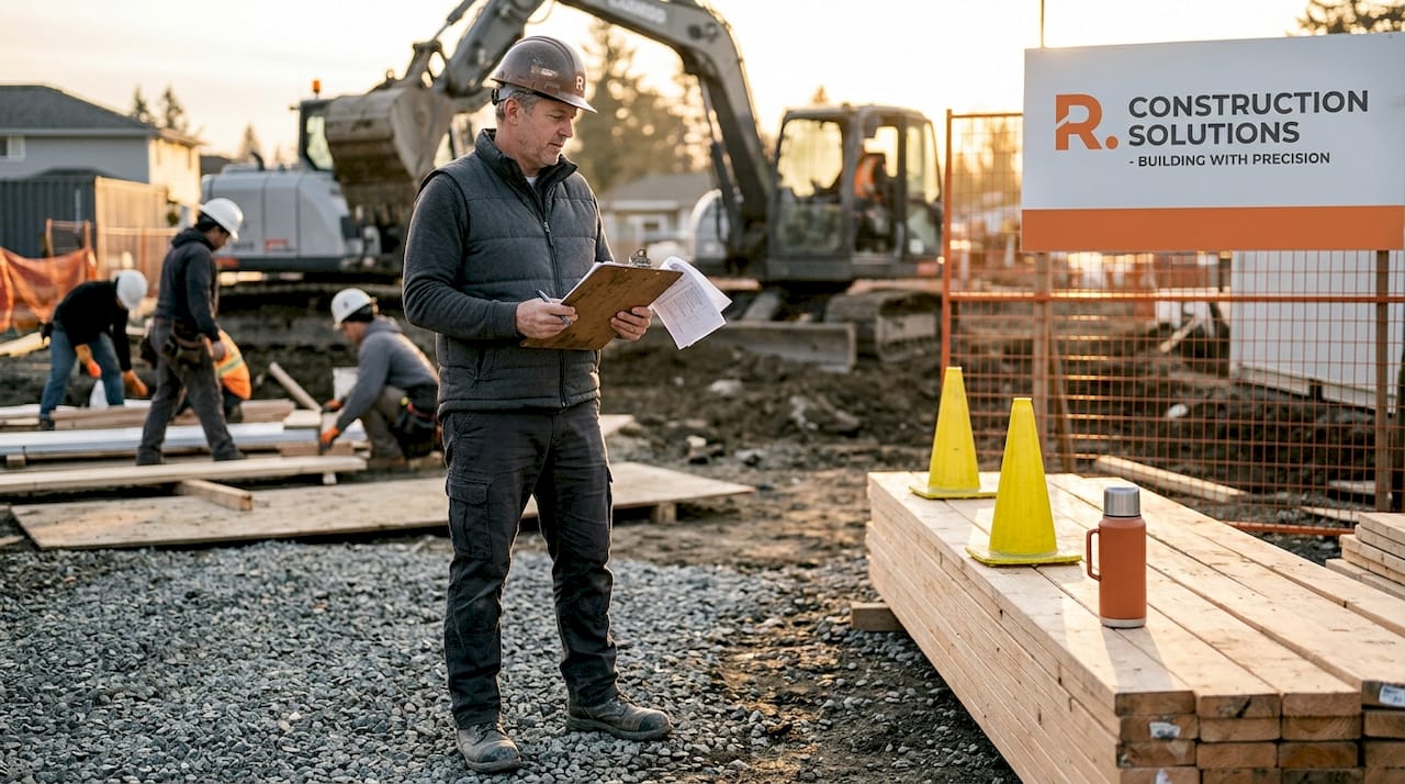 Project manager reviews site documents outdoors