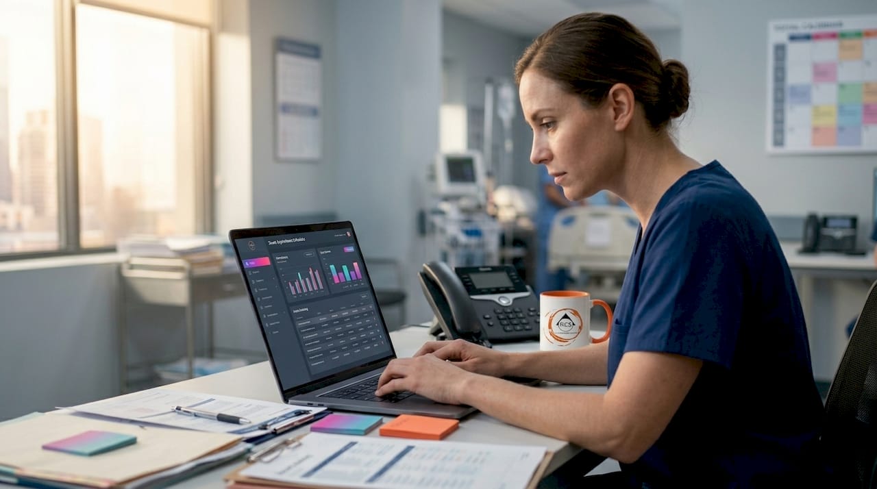 Clinic worker enters appointments at computer