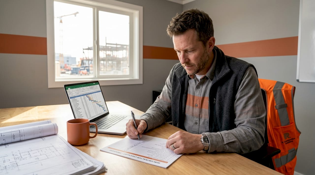 Project manager reviewing subcontractor checklist paperwork