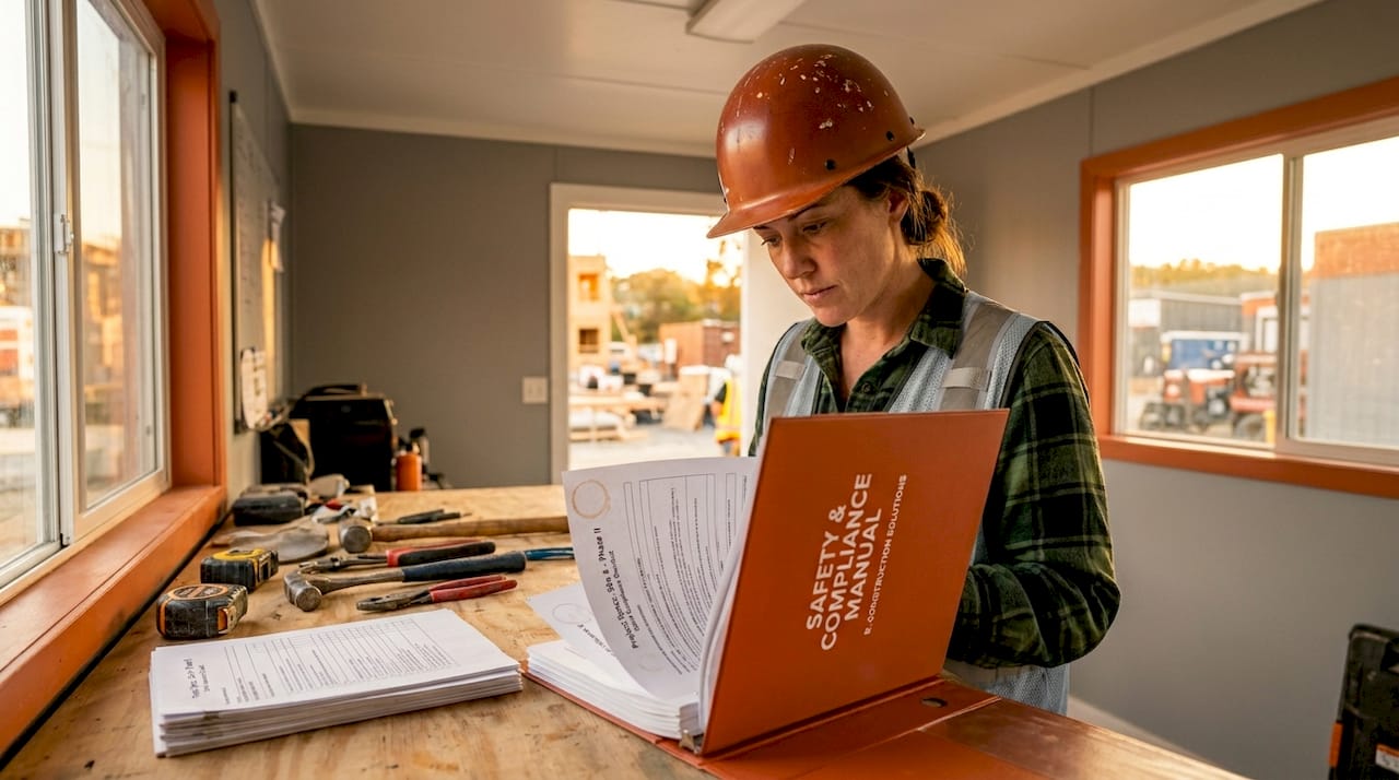 Contractor checking compliance documents at jobsite