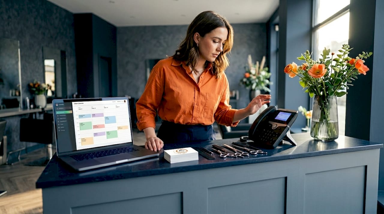 Receptionist at salon front desk booking appointments