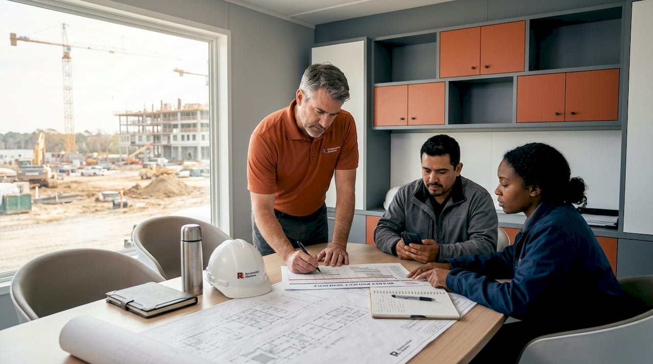 Project manager and subcontractors reviewing schedule