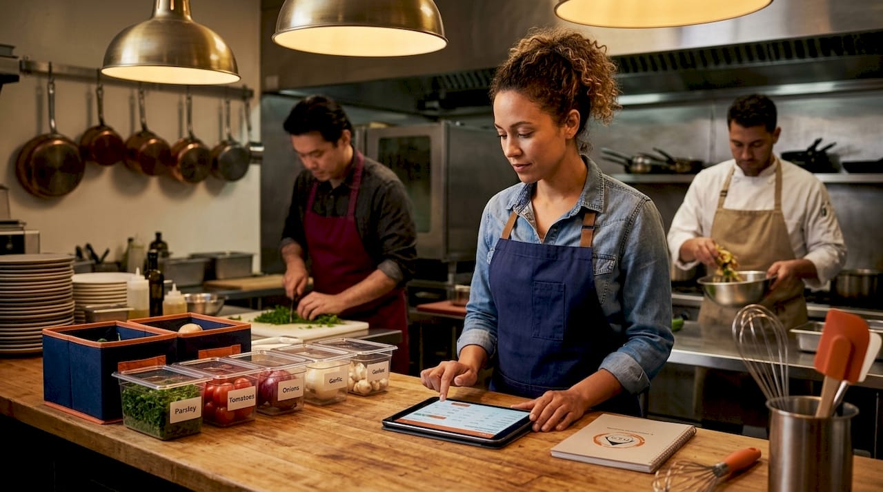 Shift manager checks inventory in restaurant kitchen