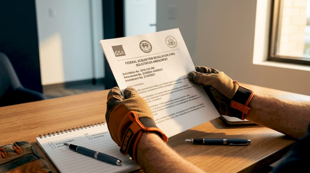 Hands holding federal solicitation amendment paper