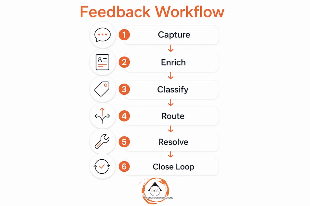 Infographic showing six-step feedback workflow process