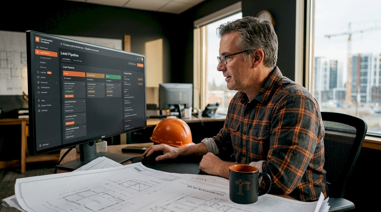 Contractor reviewing lead tracking software on computer