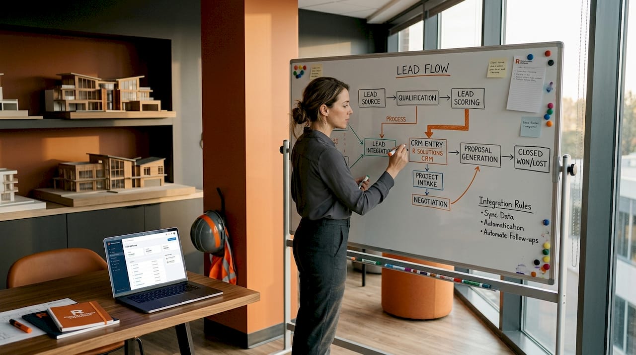 Project manager mapping lead tracking flow on whiteboard
