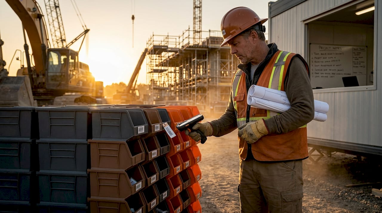 Inventory manager scanning materials on construction site