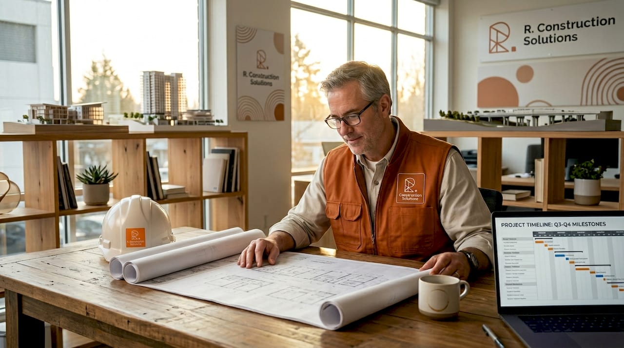 Construction consultant reviewing plans in office