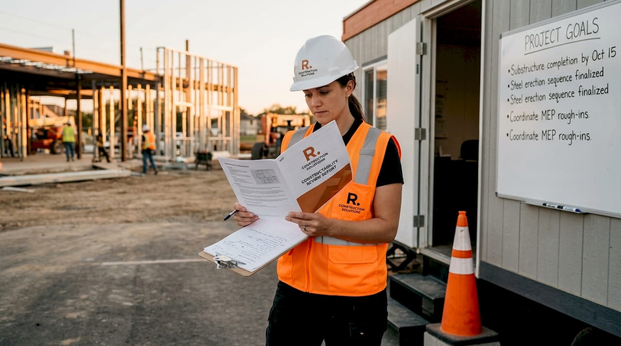 Project manager reviewing constructability report onsite