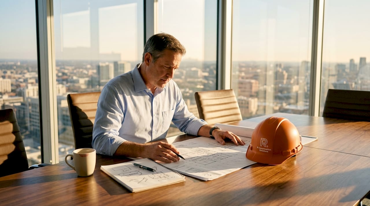 Construction consultant reviewing blueprints in office