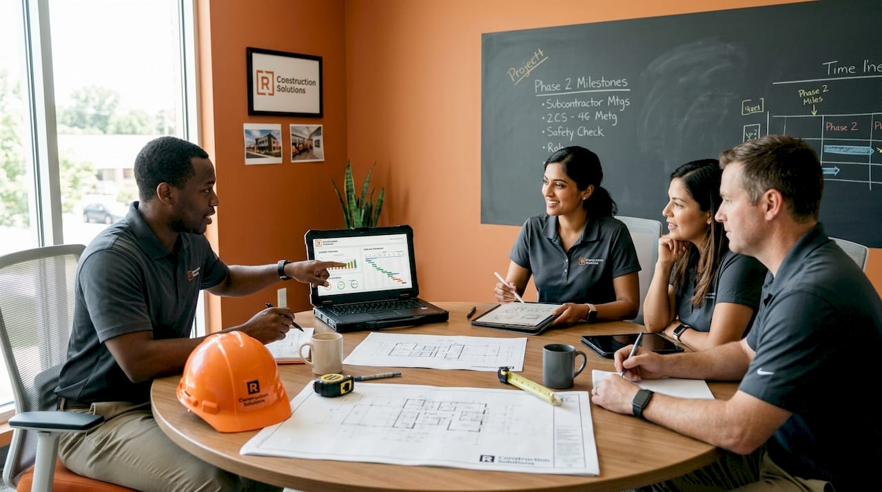 Construction team reviewing CRM data in meeting room