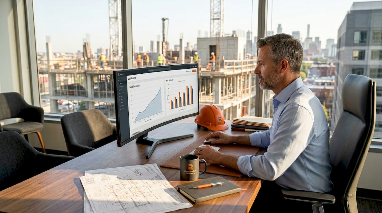 Construction manager reviewing CRM ROI reports in office