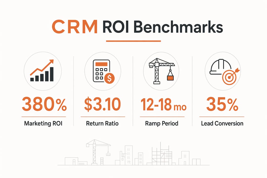 Infographic showing CRM ROI benchmarks and key metrics for construction