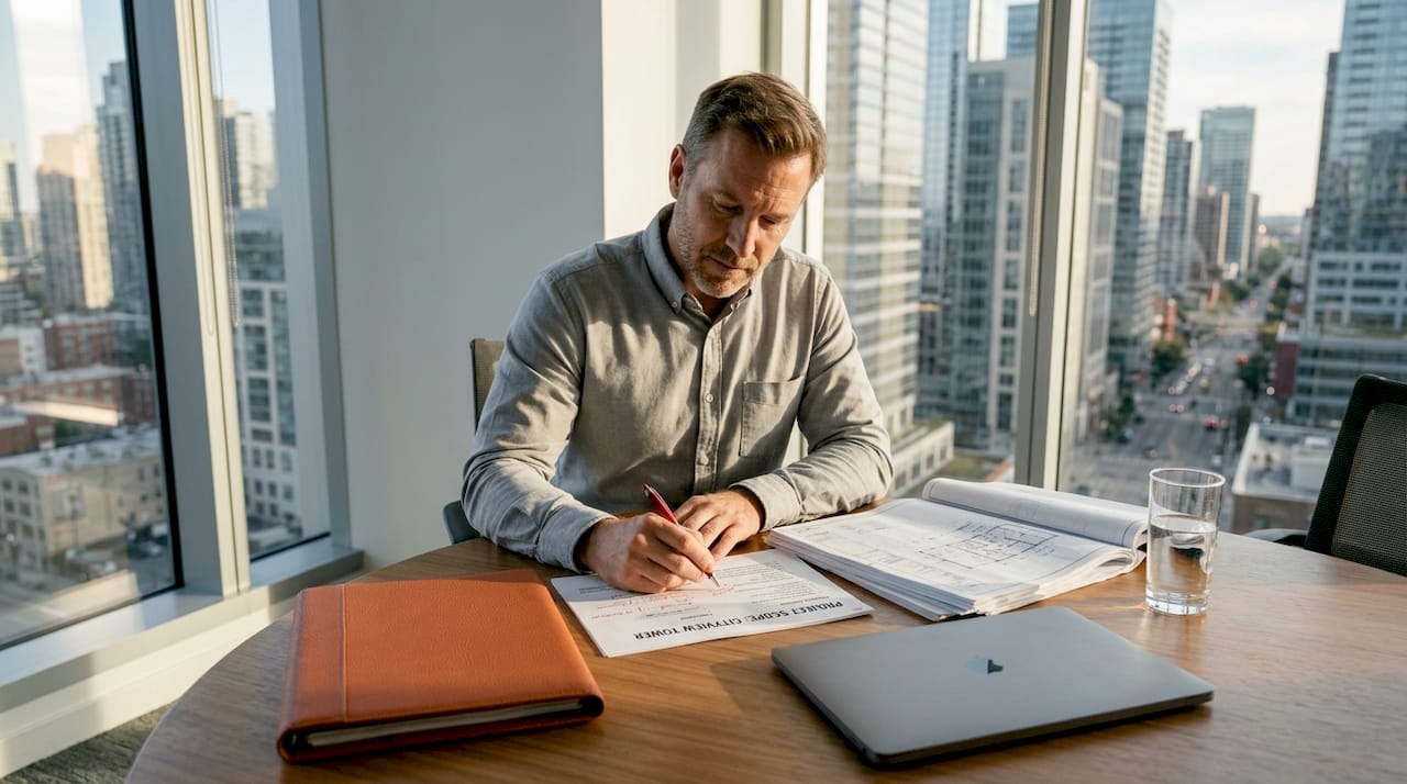 Project manager reviewing subcontractor documents