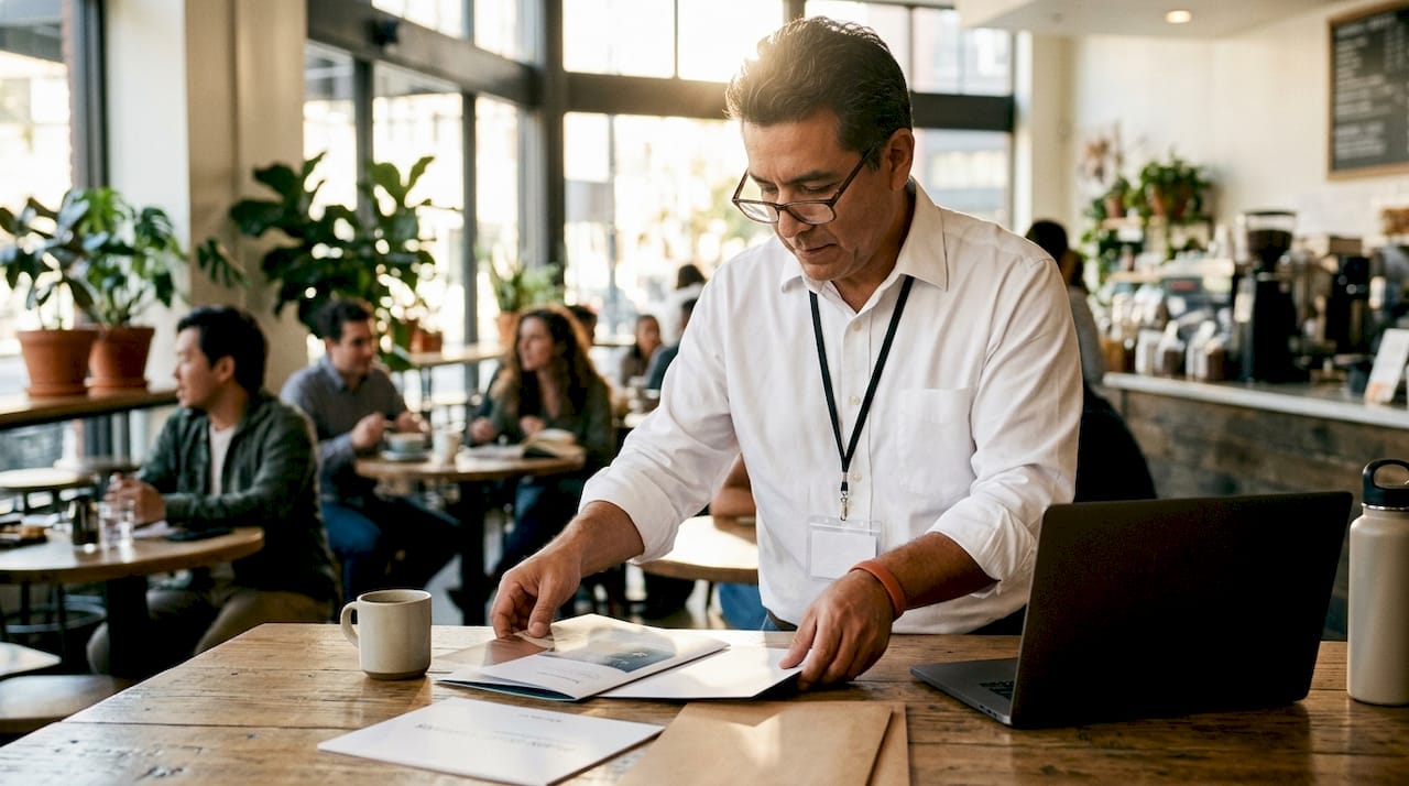 Marketing manager organizing contractor marketing materials