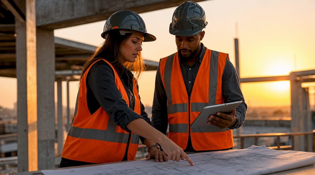 Construction team collaborating using workflow software outdoors