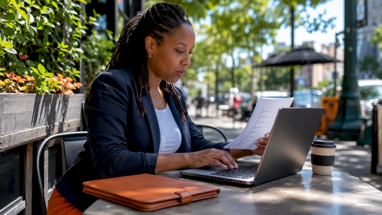 Woman at café preparing federal registration