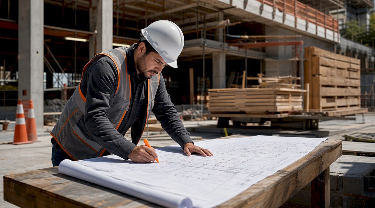 Project manager reviewing construction plans on site desk